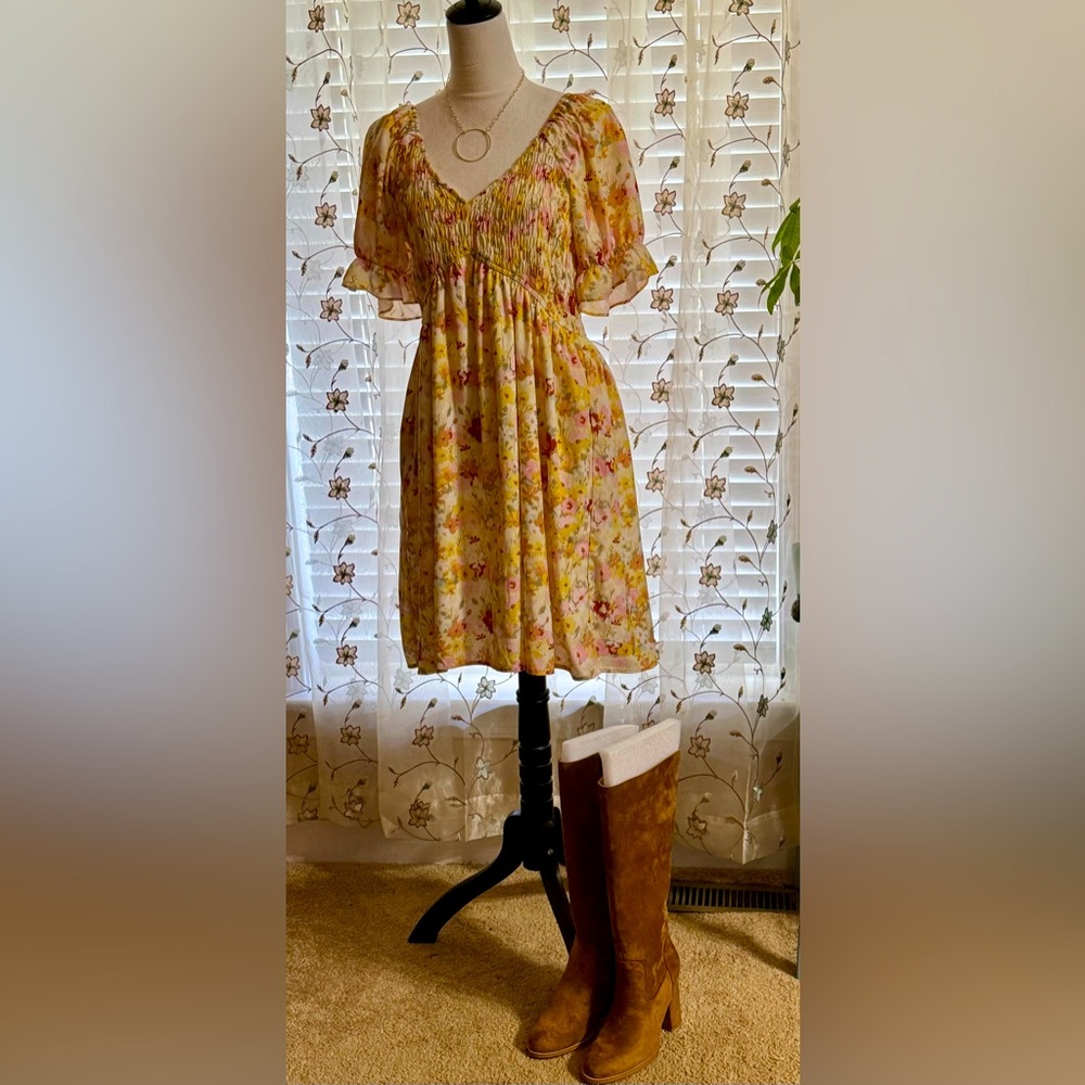 Staccato Yellow with a Mixture of Colorful Pastel Flowers Dress Size is Large.
